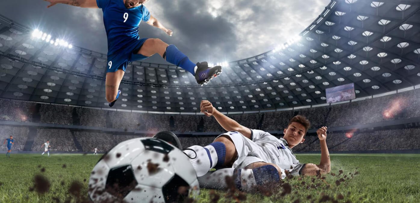 Long shot goalie jumping high to save ball